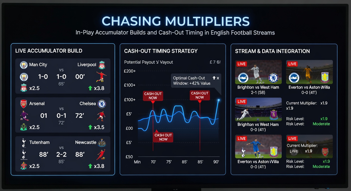 Close-up of a betting app displaying an in-play accumulator with rising odds and cash-out option during an EFL match stream