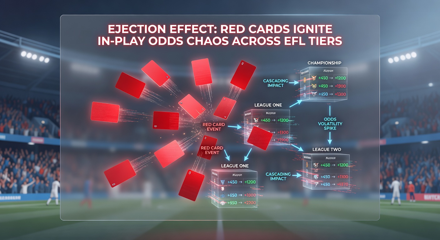 Graph illustrating dramatic odds shifts following red cards in EFL matches, with lines spiking across Championship, League One, and League Two tiers