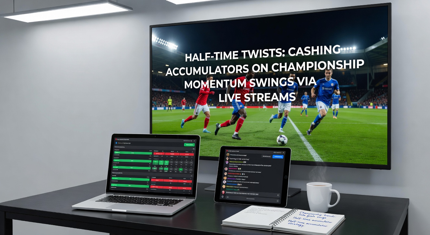 A dynamic split-screen view of a Championship football match at half-time, showing live odds shifting on a betting app alongside players huddling on the pitch