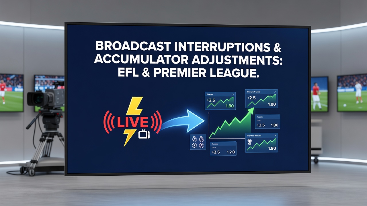Bettors viewing multiple screens during a football match interruption with accumulator betting interfaces visible