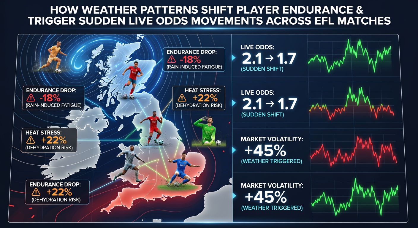 Live betting interface showing rapid odds changes during an EFL match affected by changing weather