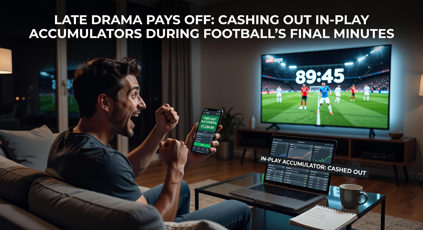 Close-up of a betting app screen showing a cash out offer on an in-play accumulator during stoppage time, with odds fluctuating wildly