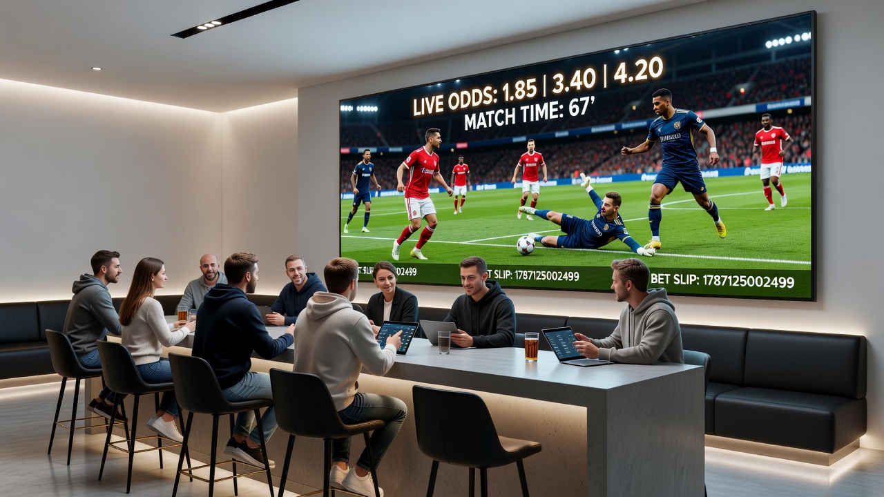 Stadium view of a football match with overlaid betting market statistics and live data visualization