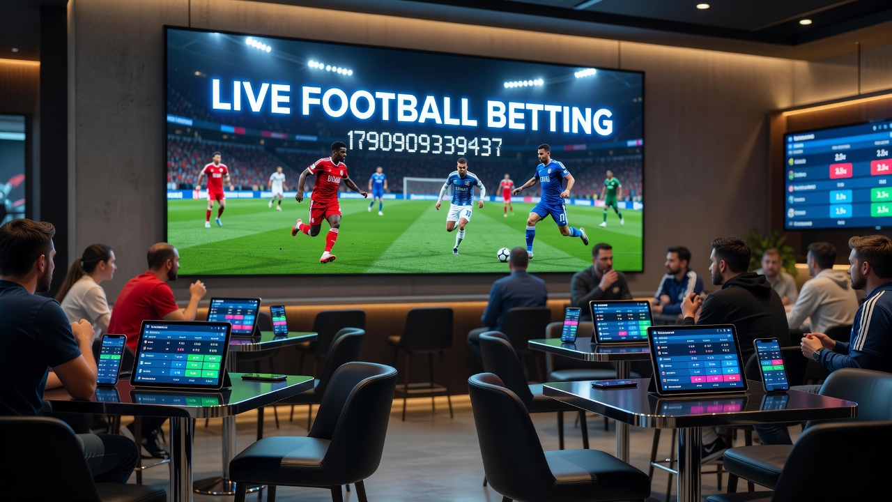 Football match action with overlaid betting statistics and live data graphics