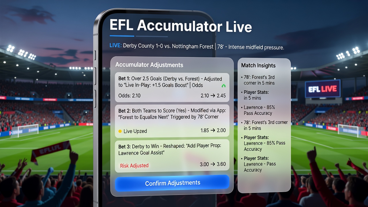 Close-up of mobile screen displaying live accumulator modifications during EFL broadcast