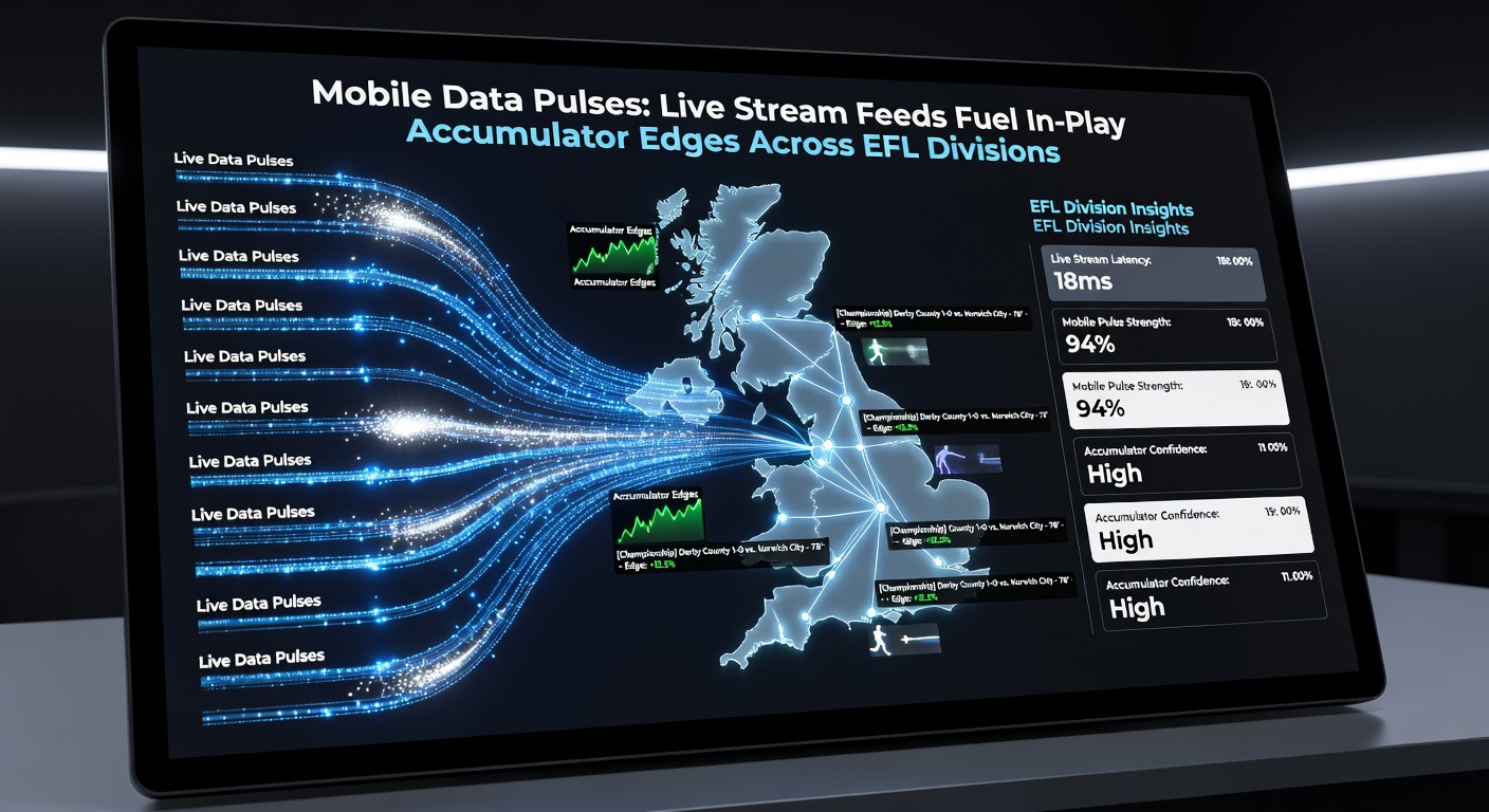 Close-up of EFL accumulator bet slip on mobile app with live stream feed showing data pulse overlays during a League One match