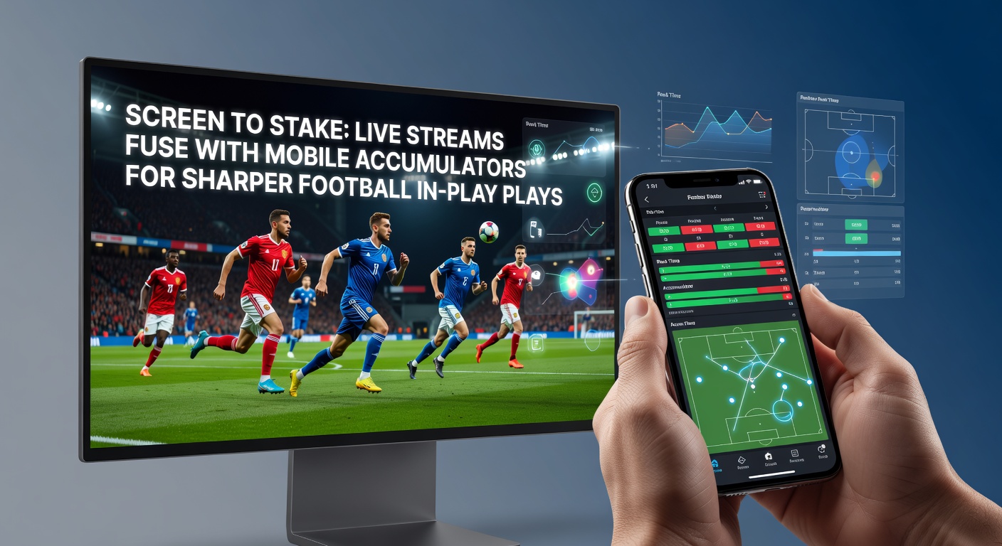 A mobile phone screen displaying a live football match stream alongside an accumulator bet slip with updating in-play odds