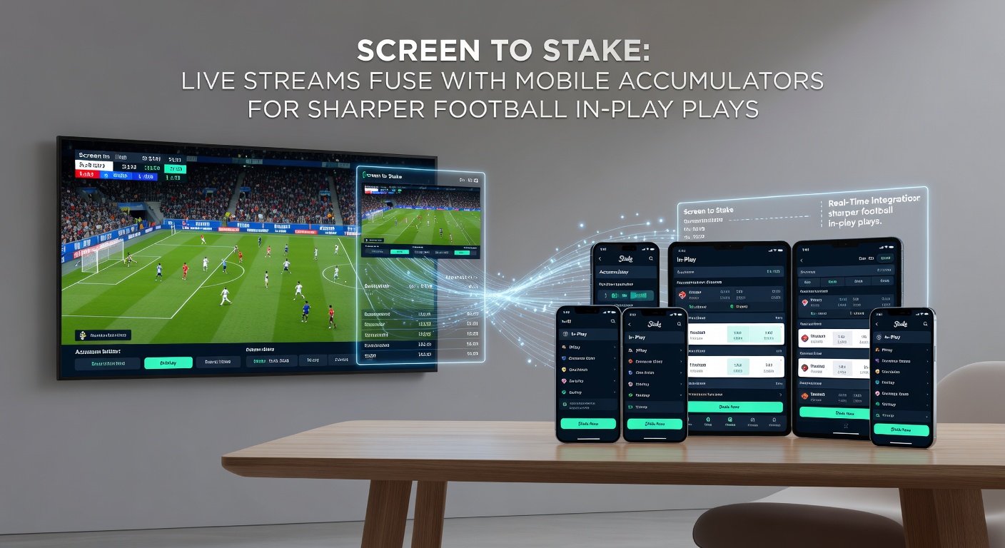 Dynamic split-screen view of a football pitch from a live stream next to a mobile accumulator interface showing live odds updates and cash-out options