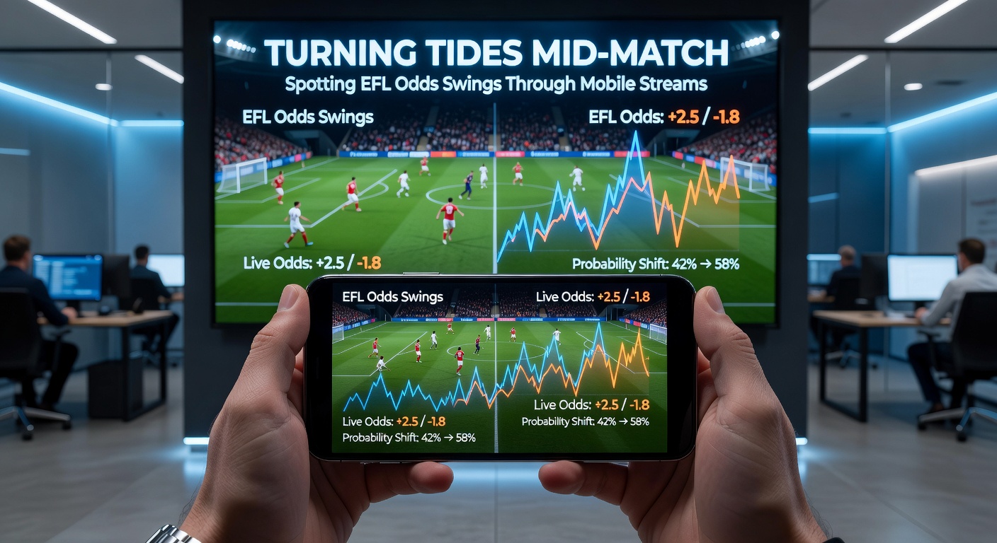 Mobile phone screen displaying a live EFL match stream with overlaid odds fluctuating mid-game, capturing the intensity of real-time betting shifts