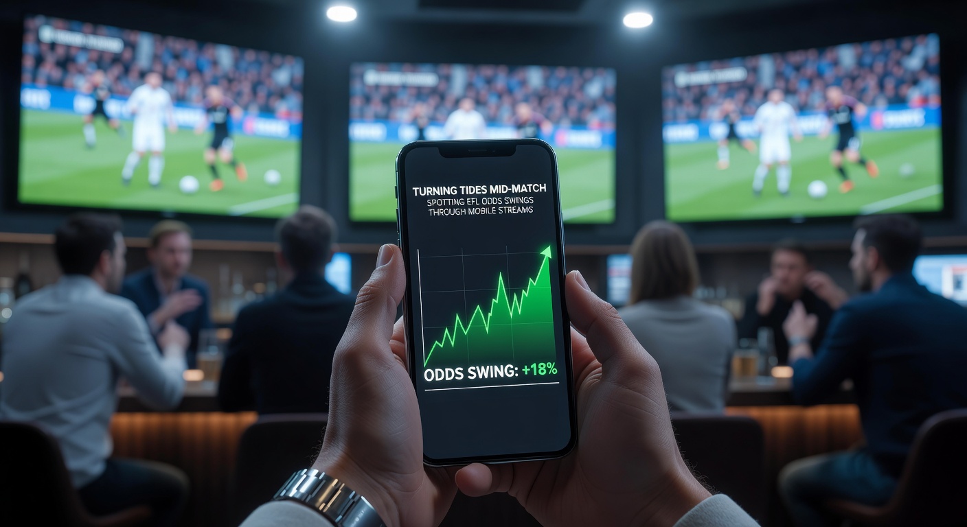 Close-up of a bettor's hand holding a smartphone, screen split between a live EFL match with a goal celebration and surging odds graphs, emphasizing mid-match decision-making