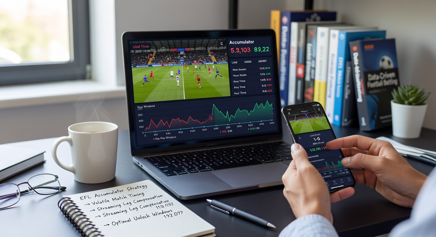 Split-screen view of an EFL match on a smartphone with real-time accumulator cash-out options visible