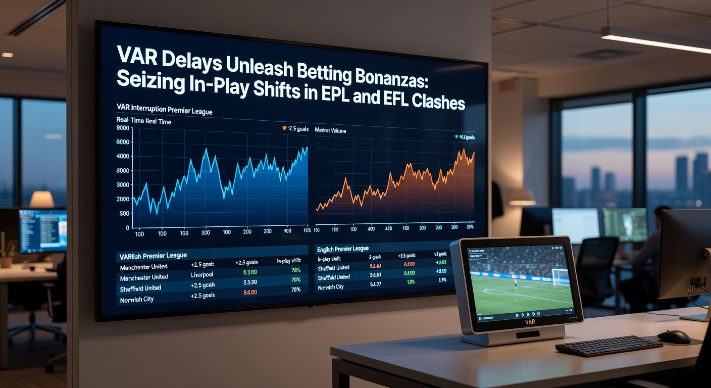 Referee reviews VAR monitor on the pitchside during a tense Premier League match, with players waiting and odds fluctuating in real-time betting markets