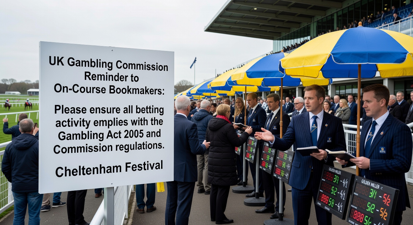 Close-up of on-course bookmaker at Cheltenham tallying cash bets with a focused crowd in the background